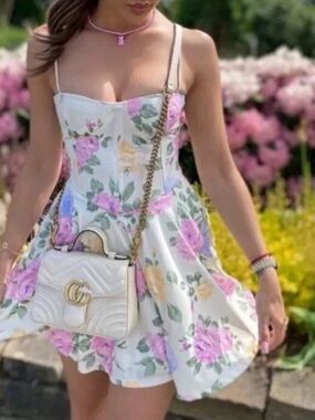 Floral Sweetheart Mini Dress in White with Pink & Yellow Roses